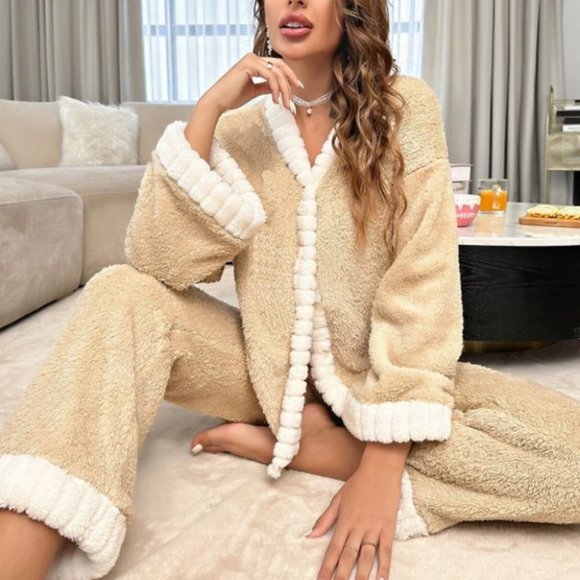 Soft Flannel button down shirt with pants Tan PJ Set - Picture 4 of 7